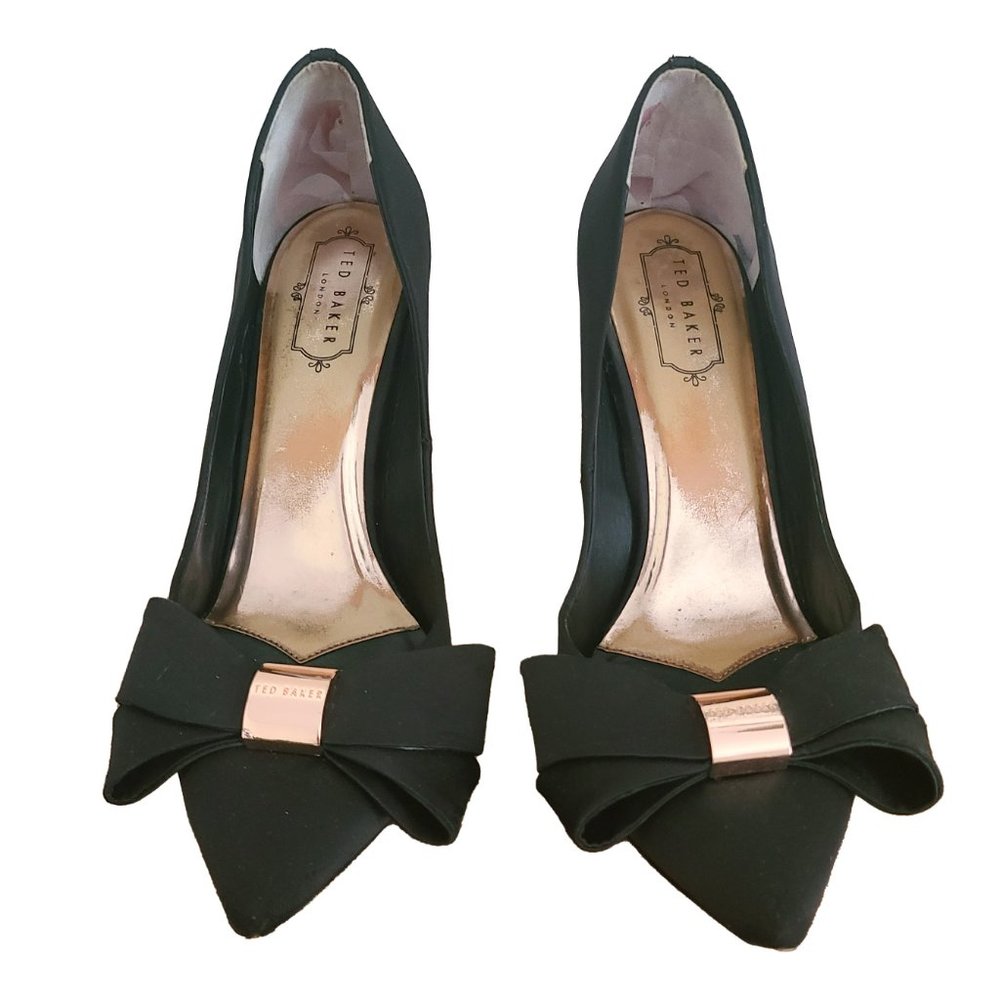 Ted Baker  Ichlibi Black Bow Tie Satin Stiletto High Heels Pumps Gold accents